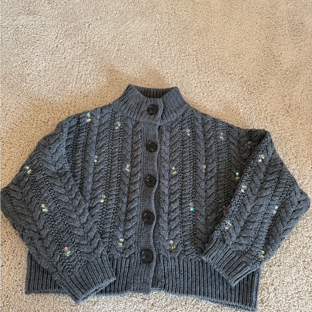 Something Navy Charcoal Gray Cable-Knit Button Cardigan w/Speckle Flower Accents
